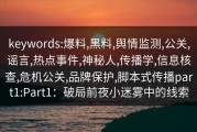 keywords:爆料,黑料,舆情监测,公关,谣言,热点事件,神秘人,传播学,信息核查,危机公关,品牌保护,脚本式传播part1:Part1：破局前夜小迷雾中的线索